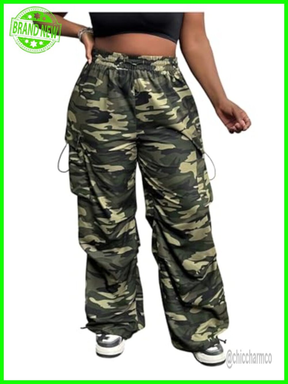 Plus Size Camo Cargo Pants Elastic Waist Wide Leg Trousers Streetwear